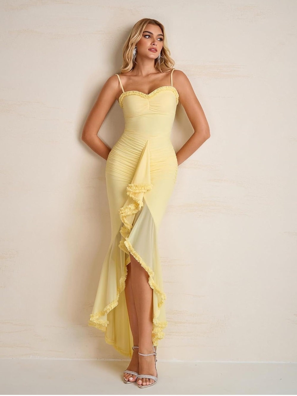Strapless Yellow Ruffle-Front Evening Dress